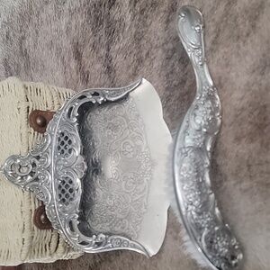 Vtg. Japanese Silver Tone Ornate Crumb Catcher & Crumb Brush
